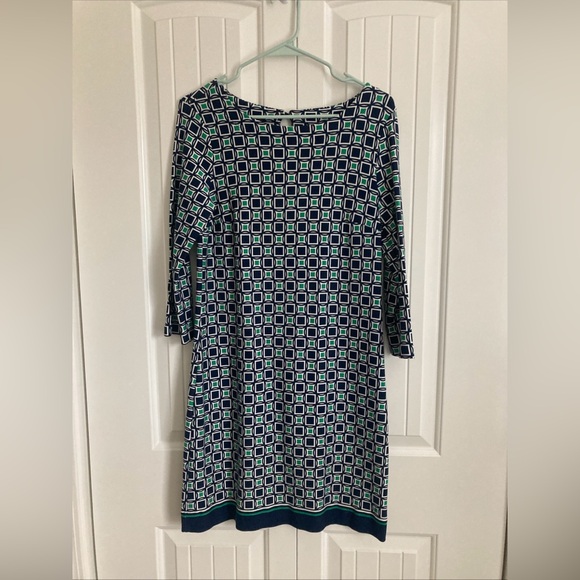 Talbots Womens Shift Dress 8 Geometric Print Blue Green 3/4 Sleeve - Picture 1 of 10